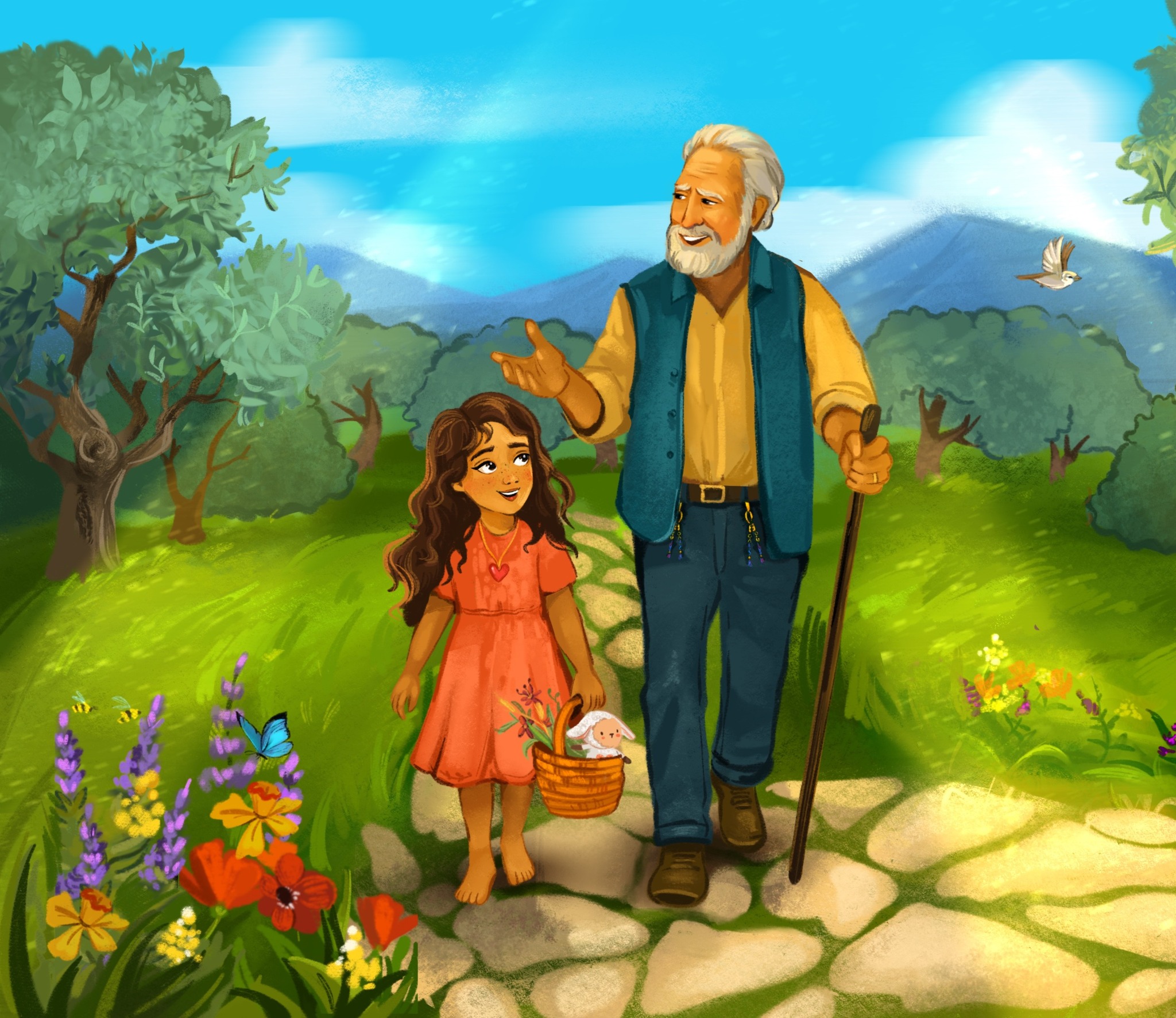 Lily and Grandpa exploring the countryside of Tovi Meadows